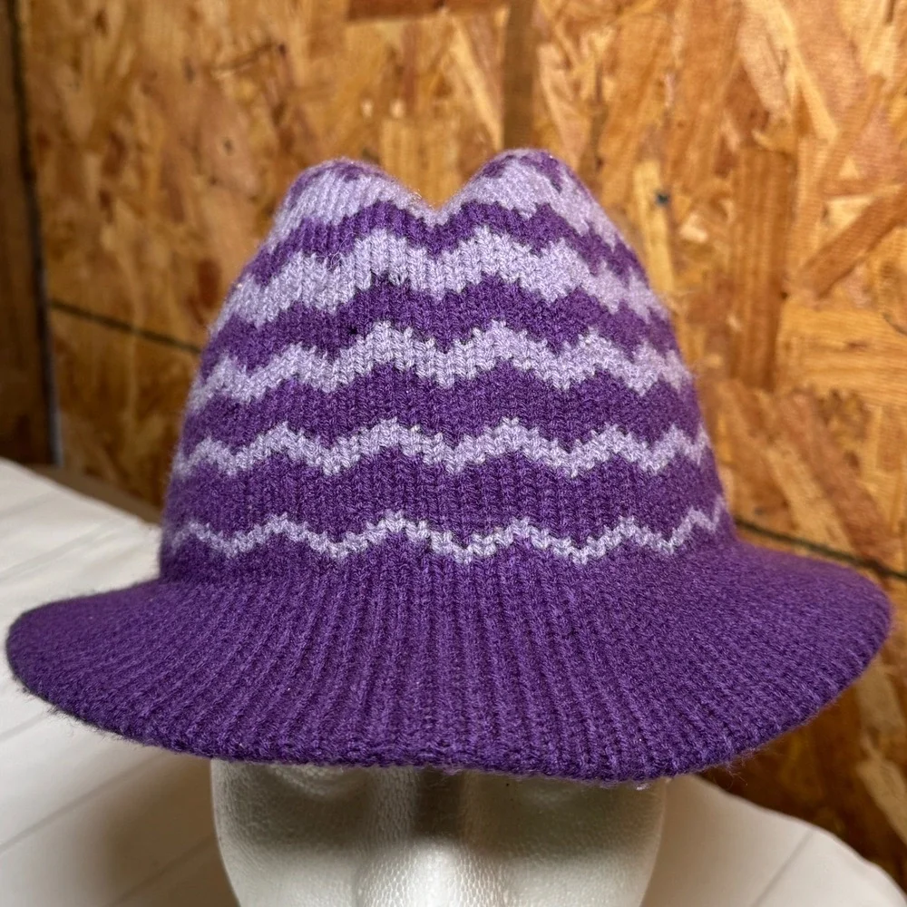 VTG Retro Purple Knit Fedora Hat Chevron Stripe Y2K Hipster Funky Streetwear